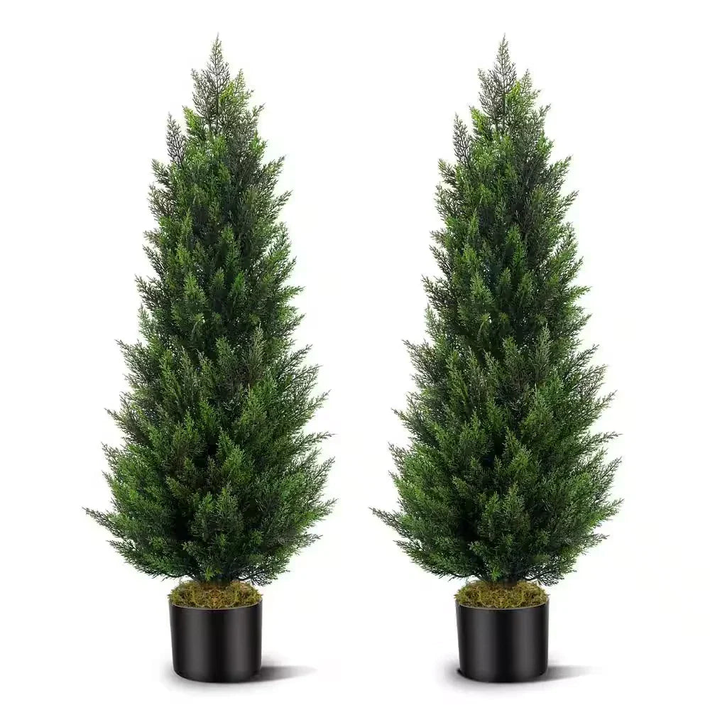 2Sets Green Plants 4Ft Artificial Topiary Cedar Tree with Black Pot 48In Faux Pi